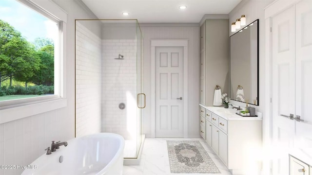 473 White Heron Ct SW, Sunset Beach, NC 28468 - full bathroom featuring a freestanding tub, a stall shower, a wealth of natural light, and vanity