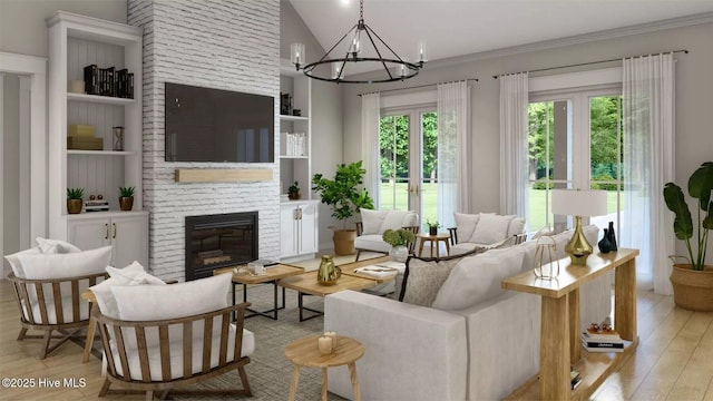 473 White Heron Ct SW, Sunset Beach, NC 28468 - living room with an inviting chandelier, a brick fireplace, wood finished floors, crown molding, and lofted ceiling