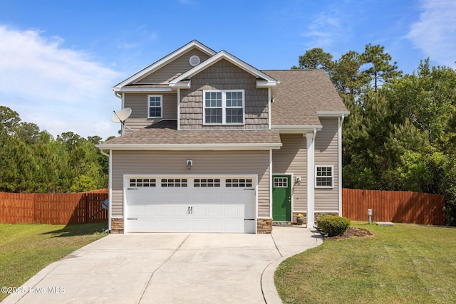 110 Costa Ct, Sneads Ferry, NC 28460 - view of front of property featuring driveway, a garage, a shingled roof, and stone siding