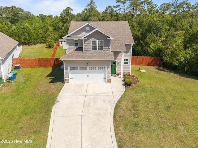 110 Costa Ct, Sneads Ferry, NC 28460 - view of front facade featuring driveway, an attached garage, stone siding, cooling unit, and roof with shingles
