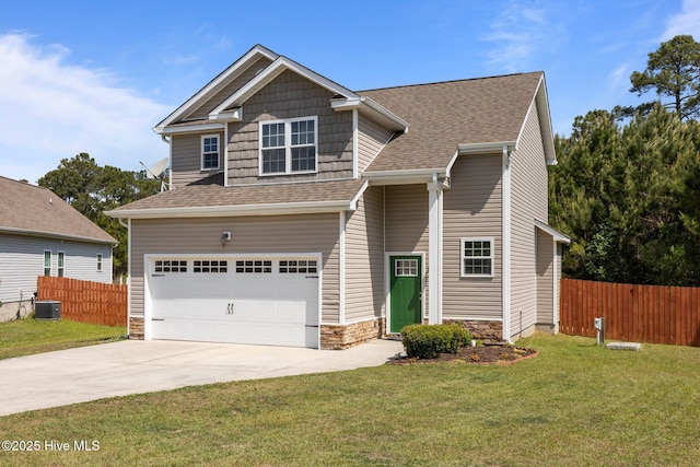 110 Costa Ct, Sneads Ferry, NC 28460 - craftsman-style house with concrete driveway, a garage, roof with shingles, cooling unit, and stone siding