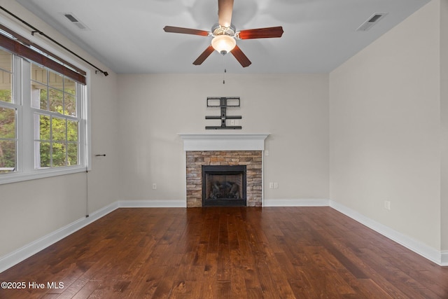 110 Costa Ct, Sneads Ferry, NC 28460 - unfurnished living room featuring hardwood / wood-style flooring, a ceiling fan, a fireplace, and baseboards