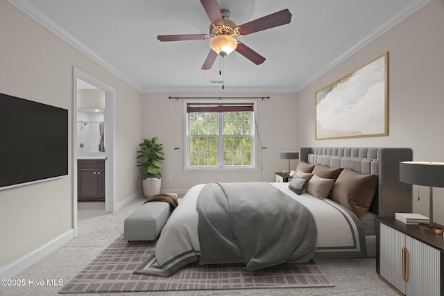 110 Costa Ct, Sneads Ferry, NC 28460 - bedroom with light carpet, ornamental molding, baseboards, ensuite bath, and a ceiling fan