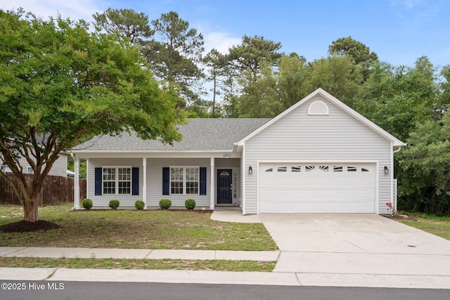 single story home featuring a garage, concrete driveway, a porch, and a shingled roof