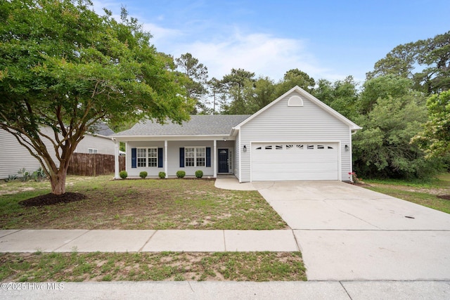 single story home with a garage, driveway, fence, and covered porch