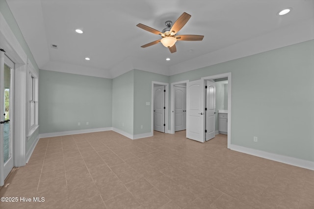 unfurnished bedroom featuring recessed lighting, baseboards, and visible vents