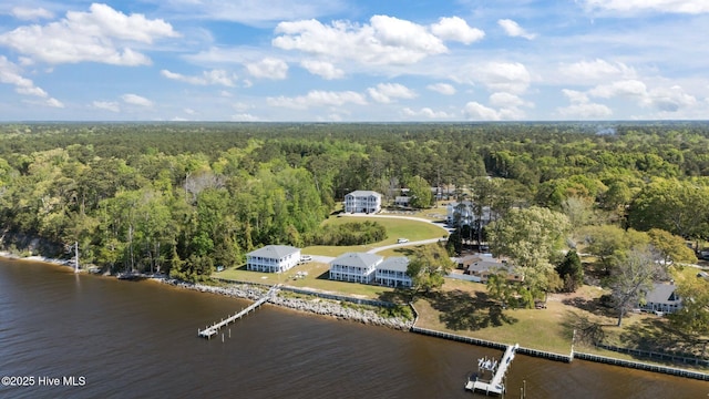 drone / aerial view with a water view and a forest view