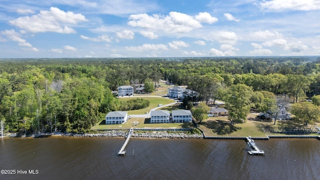 drone / aerial view featuring a water view and a wooded view