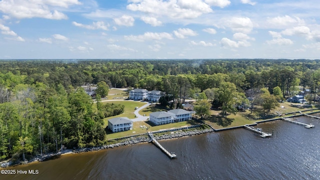birds eye view of property featuring a water view and a view of trees