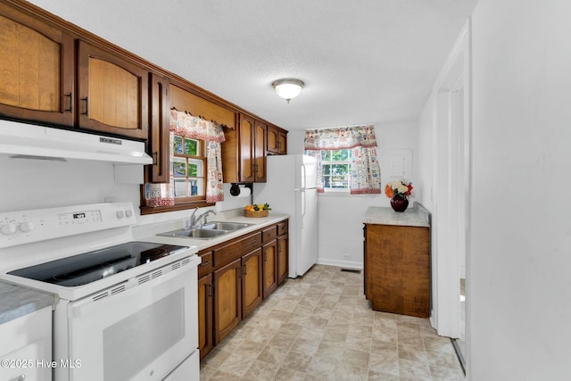 310 Chicopee Rd, Benson, NC 27504 - kitchen featuring white appliances, under cabinet range hood, light countertops, brown cabinetry, and a textured ceiling