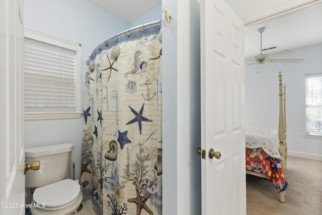 full bathroom featuring ceiling fan, visible vents, toilet, connected bathroom, and a shower with shower curtain