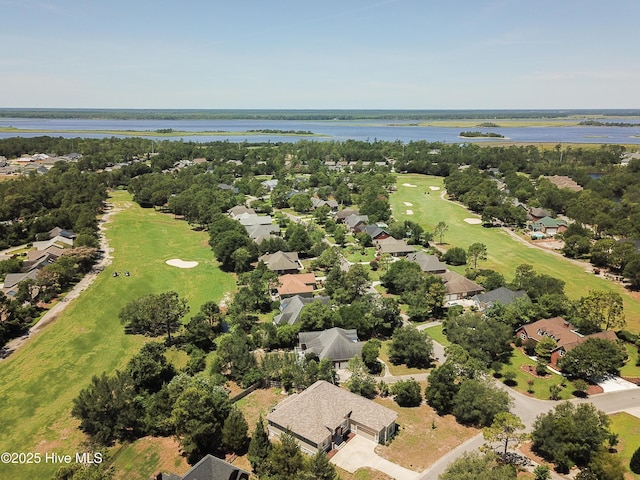 bird's eye view with a residential view, a water view, and golf course view