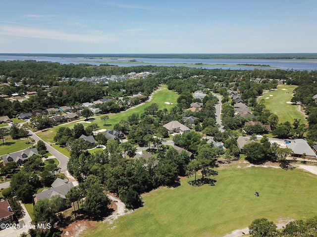 bird's eye view with a residential view, view of golf course, and a water view