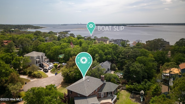 drone / aerial view featuring a water view