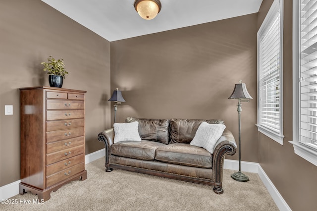 living area with baseboards and carpet flooring