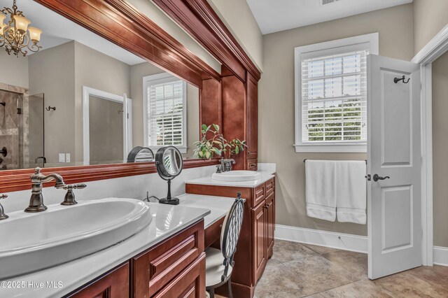 bathroom with double vanity, a sink, a healthy amount of sunlight, and a shower stall