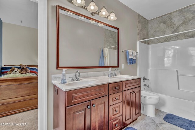 full bathroom with double vanity, toilet, shower / bathtub combination with curtain, and a sink