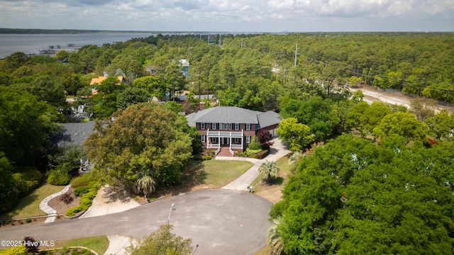 birds eye view of property featuring a water view and a view of trees