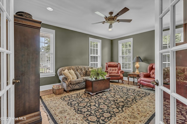 living room featuring ceiling fan, french doors, recessed lighting, baseboards, and wood finished floors