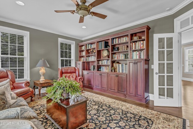 104 River Ct, Wilmington, NC 28412 - living area featuring ceiling fan, wood finished floors, ornamental molding, recessed lighting, and baseboards