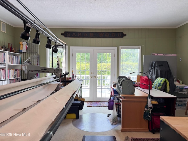 522 Hughes Rd, Hampstead, NC 28443 - office area featuring french doors, crown molding, and a textured ceiling