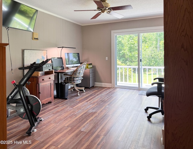 522 Hughes Rd, Hampstead, NC 28443 - office area featuring crown molding, wood finished floors, a ceiling fan, baseboards, and a textured ceiling