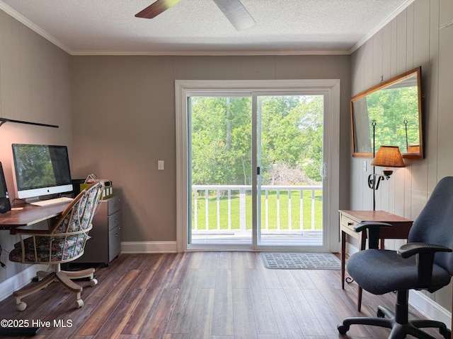 522 Hughes Rd, Hampstead, NC 28443 - office with wood finished floors, healthy amount of natural light, ornamental molding, a textured ceiling, and ceiling fan