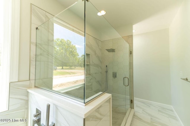 1102 Soundside Rd, Edenton, NC 27932 - full bathroom with a stall shower, baseboards, marble finish flooring, and recessed lighting