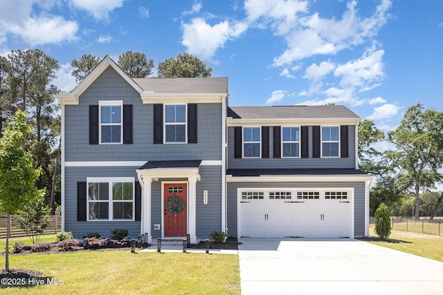 8840 Shallow Creek Trl, Bailey, NC 27807 - view of front of house featuring fence, a garage, a front yard, entry steps, and concrete driveway