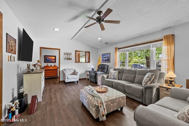 602 Wolverine Pl, Jacksonville, NC 28546 - living area featuring a textured ceiling, ceiling fan, vaulted ceiling, and dark wood-type flooring