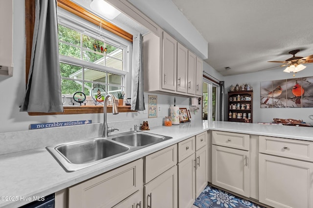 602 Wolverine Pl, Jacksonville, NC 28546 - kitchen with a sink, light countertops, ceiling fan, white cabinetry, and a textured ceiling