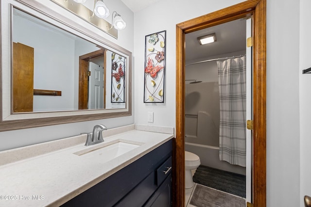 bathroom featuring shower / bathtub combination with curtain, toilet, and vanity
