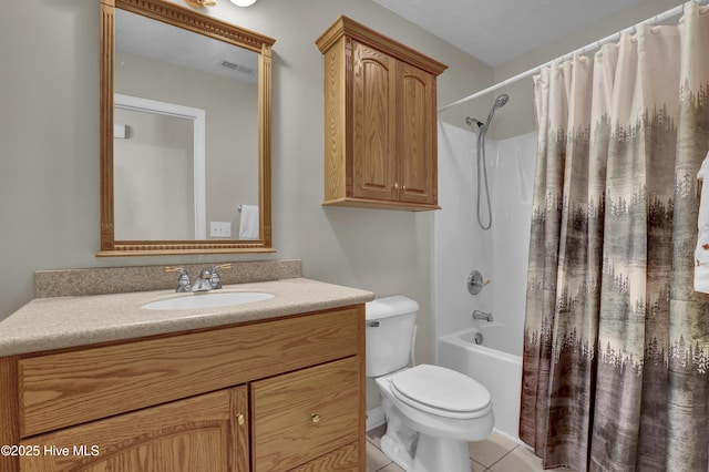 full bath featuring shower / bath combination with curtain, visible vents, vanity, tile patterned floors, and toilet