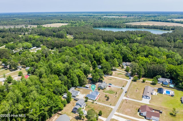 aerial view with a water view and a view of trees
