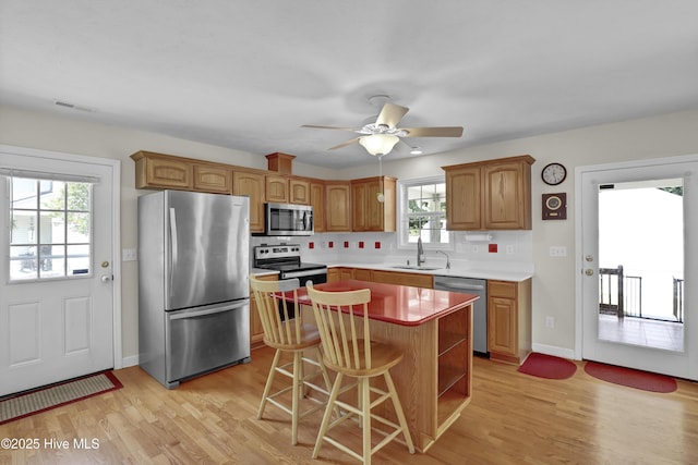 kitchen with a sink, appliances with stainless steel finishes, light wood-style floors, and backsplash