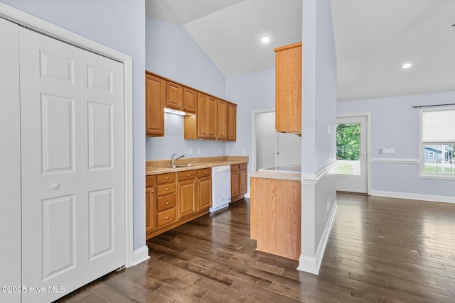 kitchen with light countertops, dark wood finished floors, dishwasher, and vaulted ceiling