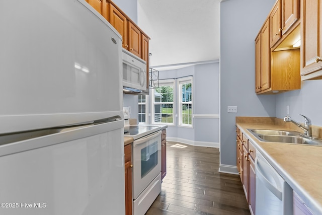 kitchen with dark wood finished floors, a sink, baseboards, light countertops, and white appliances