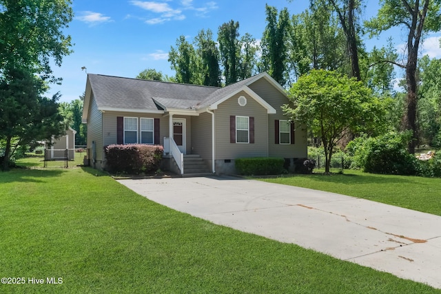 view of front facade with crawl space, driveway, a shingled roof, and a front lawn