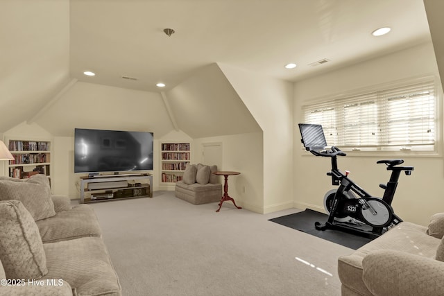 7102 Saybrook Dr, Wilmington, NC 28405 - living room with vaulted ceiling, carpet, built in features, and recessed lighting