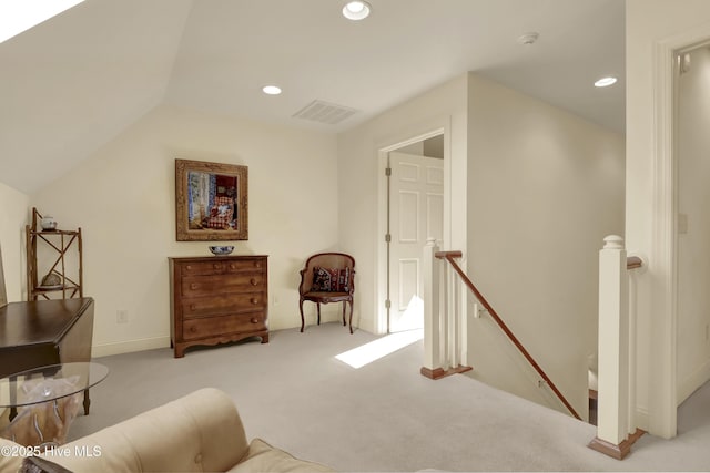 7102 Saybrook Dr, Wilmington, NC 28405 - sitting room with an upstairs landing, recessed lighting, carpet floors, lofted ceiling, and baseboards