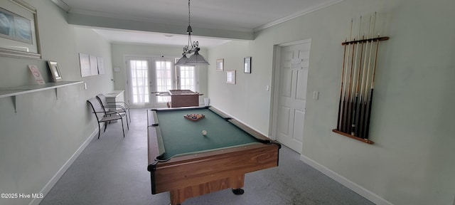 recreation room featuring crown molding, pool table, baseboards, and french doors