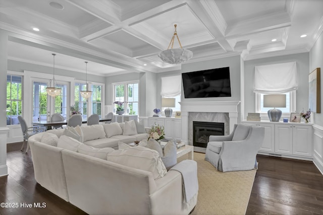 6221 Chalfont Cir, Wilmington, NC 28405 - living room with a high end fireplace, beamed ceiling, coffered ceiling, and dark wood-style floors