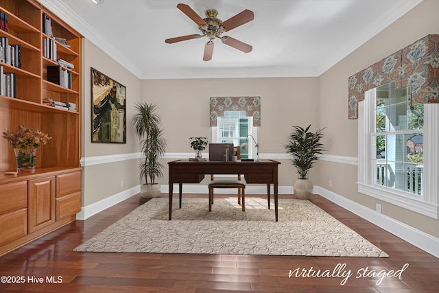 114 N Atlantic Ave, Southport, NC 28461 - office with a ceiling fan, dark wood finished floors, crown molding, and baseboards