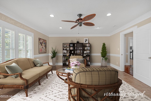 114 N Atlantic Ave, Southport, NC 28461 - living room featuring a ceiling fan, crown molding, recessed lighting, light tile patterned floors, and baseboards