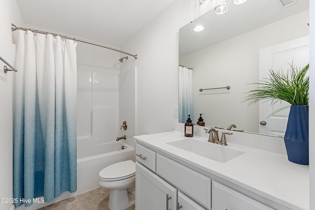 bathroom featuring visible vents, shower / tub combo, vanity, tile patterned floors, and toilet