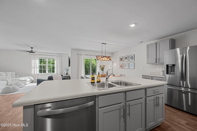 kitchen featuring a sink, dark wood-style flooring, stainless steel appliances, gray cabinets, and open floor plan