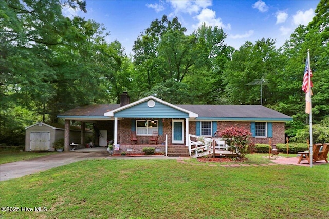 720 Swains Mill Rd, Harrellsville, NC 27942 - single story home featuring a storage shed, a porch, driveway, brick siding, and a front yard