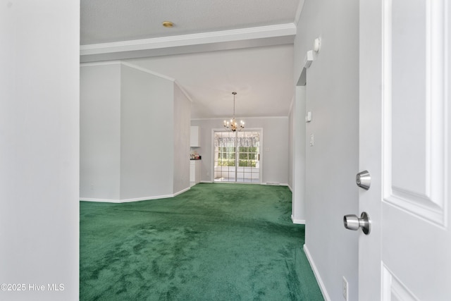 interior space featuring a chandelier, crown molding, carpet flooring, and baseboards