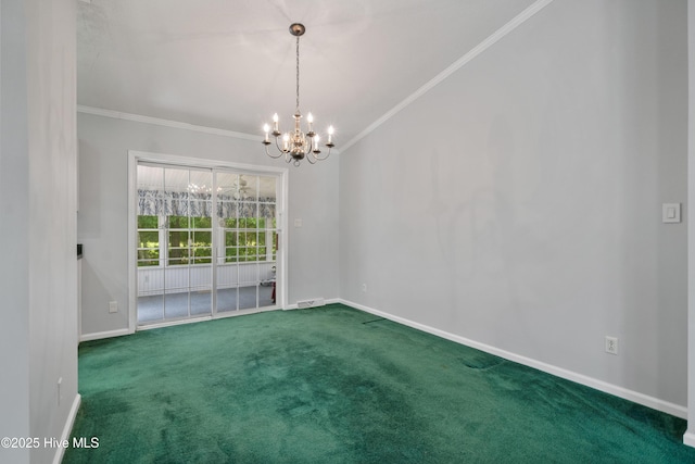 carpeted empty room featuring an inviting chandelier, visible vents, crown molding, and baseboards