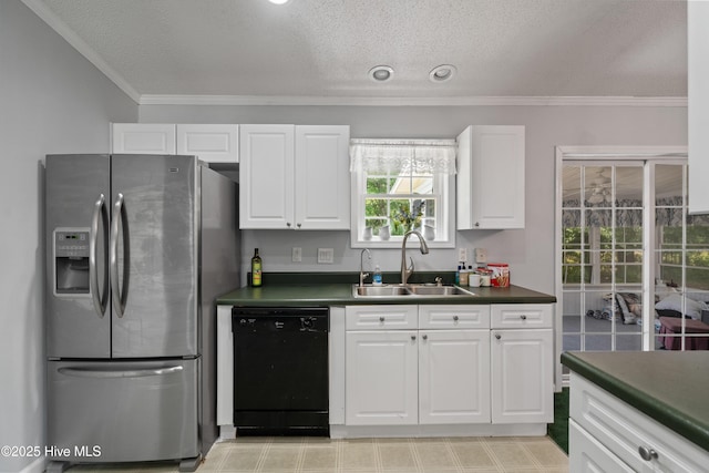 kitchen featuring a sink, dark countertops, ornamental molding, black dishwasher, and stainless steel refrigerator with ice dispenser